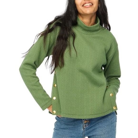 J.Crew Tops - J.Crew Olive Green Quilted Herringbone Mock Neck Side Snap Sweatshirt M